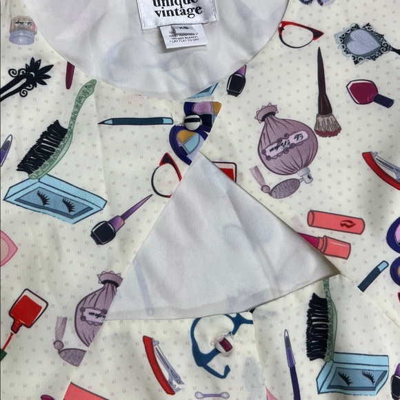 UNIQUE VINTAGE Retro Novelty "Make Up" Print SHT SLV Belted Full Skirt Dress XS - Picture 5 of 16